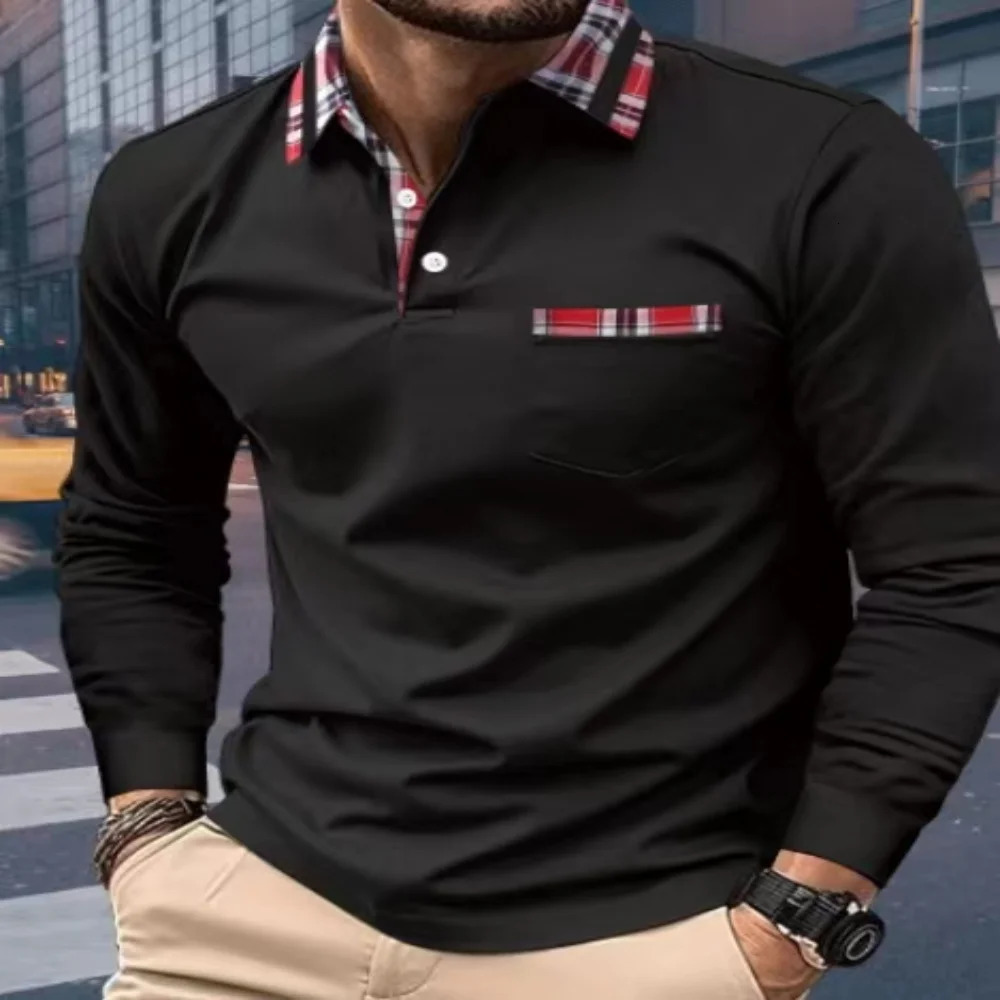 Men's Polos SpringAutumn Men Long Seeved Polo Shirt Casual Sports Shirt Pure Color Red checked collar T-Shirt Fashion Breathable Men Cothing 2312