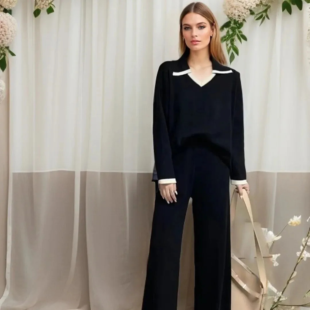 Elegant O-neck Side Slit Pullover Long Sleeve Sweaterwide Leg Pants 2 Piece Sets Womens Autumn Solid Color Casual Sweatshirts 231226