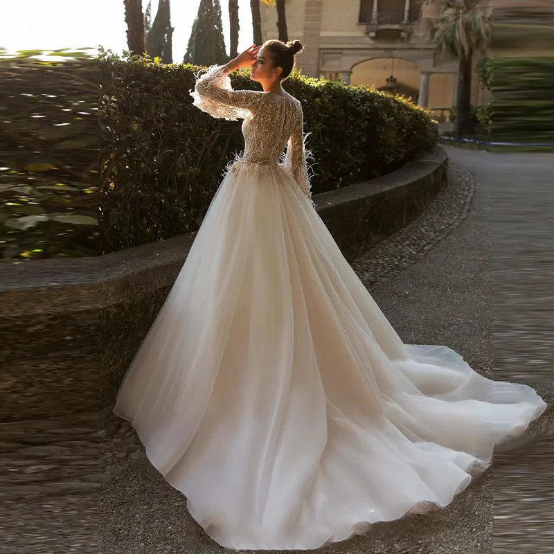 Luxury Glitter Princess Wedding Dress Long Sleeves Lace Appliques Backless Floor Length Bridal Gowns Vestidos De Novia