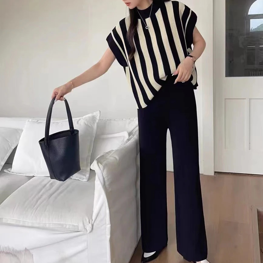 Elegant O-neck Side Slit Pullover Long Sleeve Sweaterwide Leg Pants 2 Piece Sets Womens Autumn Solid Color Casual Sweatshirts 231226