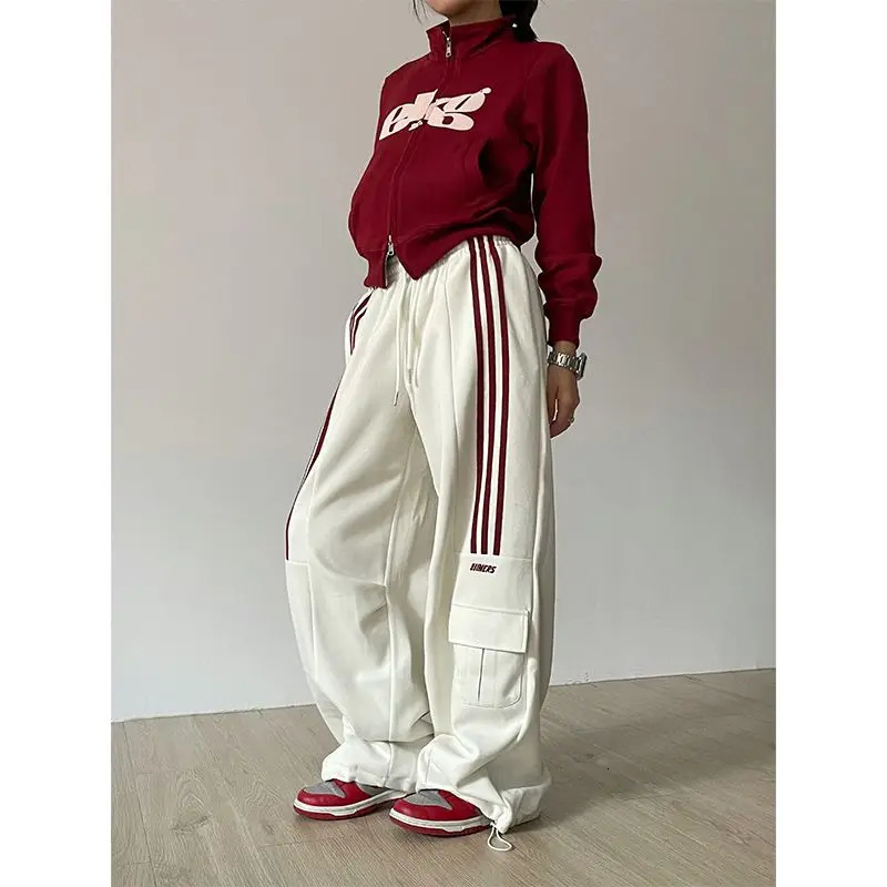 Women's Pants Capris American Retro Lazy Style Wide Leg Pants Women Solid Stripes Elastic High Waist Drawstring Loose Casual Straight Sports Trou