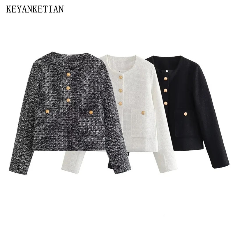 Womens Suits Blazers KEYANKETIAN Autumn Tweed Texture Blazer Office Lady Elegant ONeck Single Breasted Crop Top Jaqueta Feminina Mujer 231213