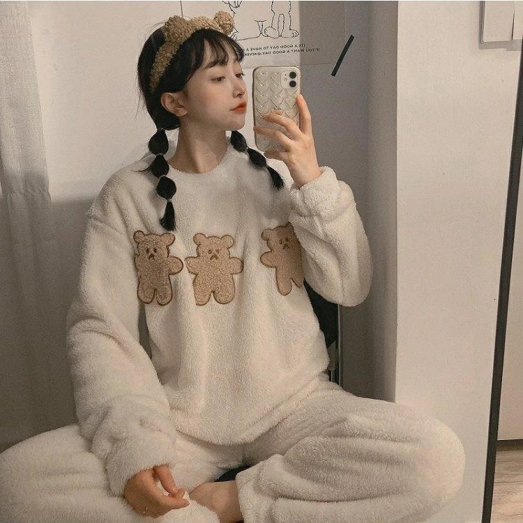 Women's Sleepwear Coral Velvet Pajamas for Women Winter Sweet and Cute Princess Style Home Wear Flannel Thickened Set Pyjama 231212