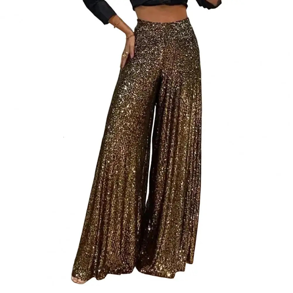 Women's Pants Capris High Waist Elastic Waistband Straight Full Length Women Pants Club Night Sequins Loose Wide Leg Pants 231213