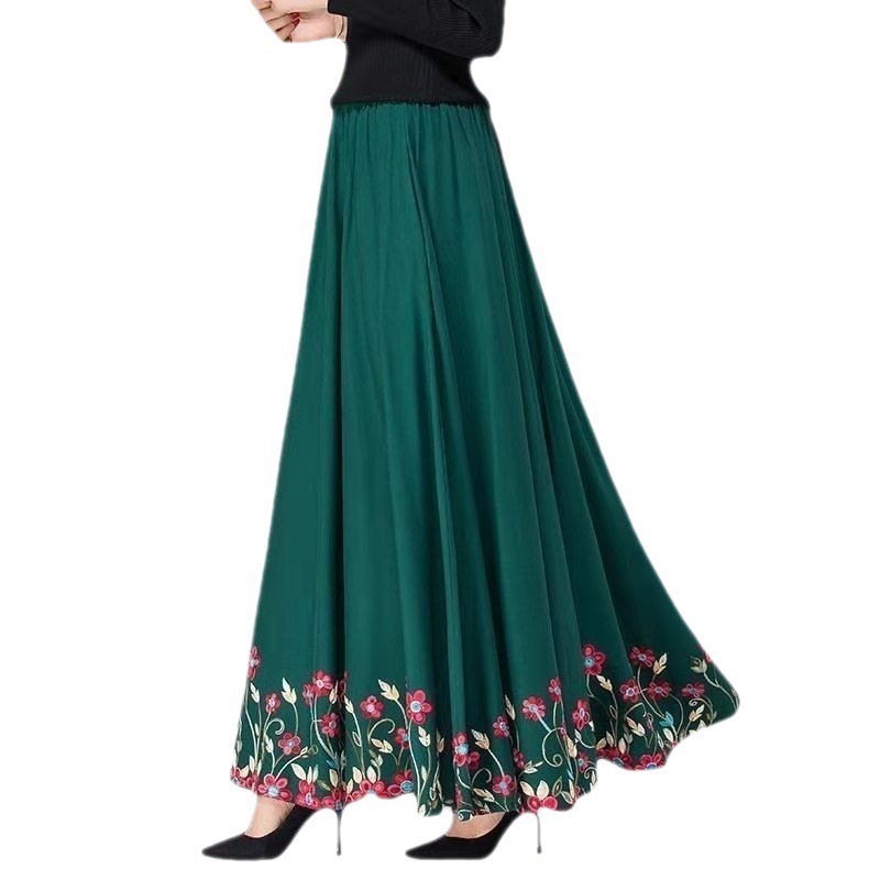Mom elegant Embroidered Maxi pleated skirt Women Plus Size Winter Warm Woolen Long Skirt Lady High Waist Casual Wool Office saia 210621