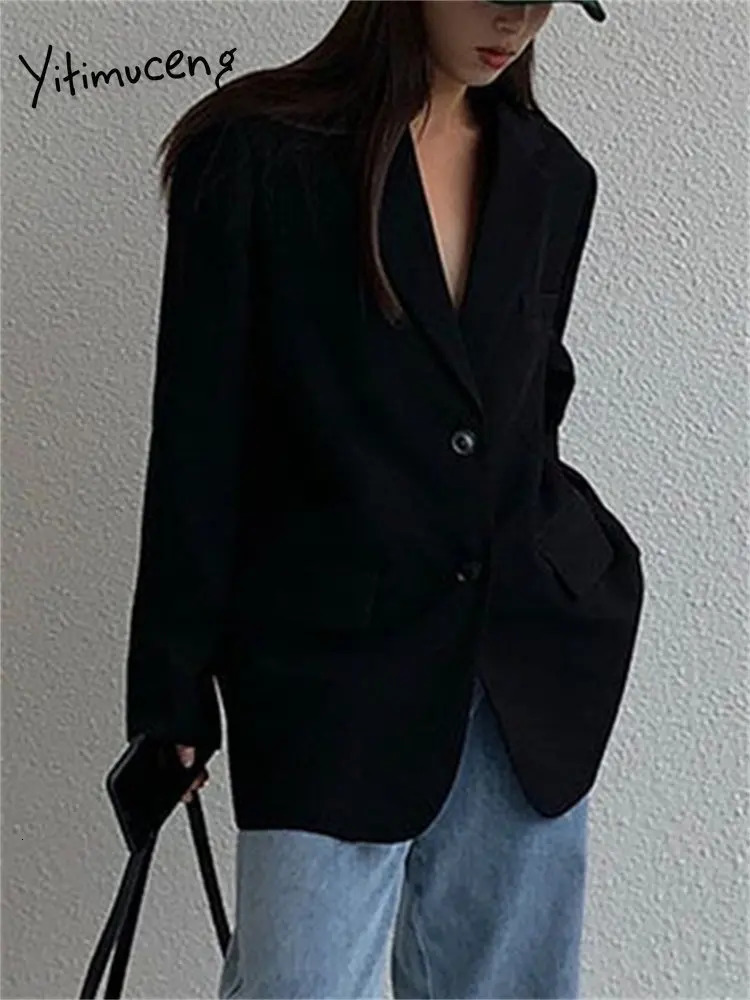 Womens Suits Blazers Yitimuceng Black Oversized for Women Korean Fashion Single Breasted Chic Coats Office Ladies Casual Jacket 231213
