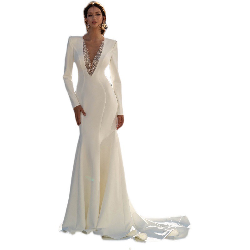 Satin Long Sleeve Mermaid Wedding Dresses Scoop Neck Lace Appliques Bridde Dress Sexy Front Plus Size Country Bridal Gown Beach Boho Vestido De Novie 