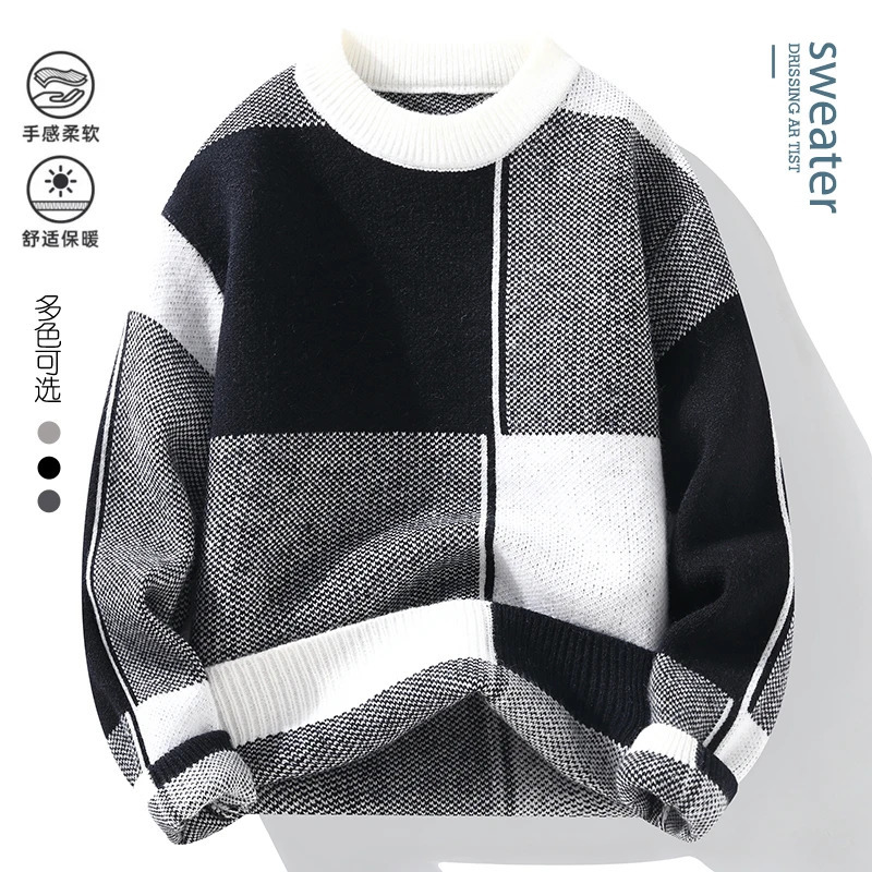 Men's Sweaters Autumn and Winter Fashion Trend Checkered Warm Knit Men's Casual Loose Comfortable Thickened Large Size Sweater M-4XL 231212