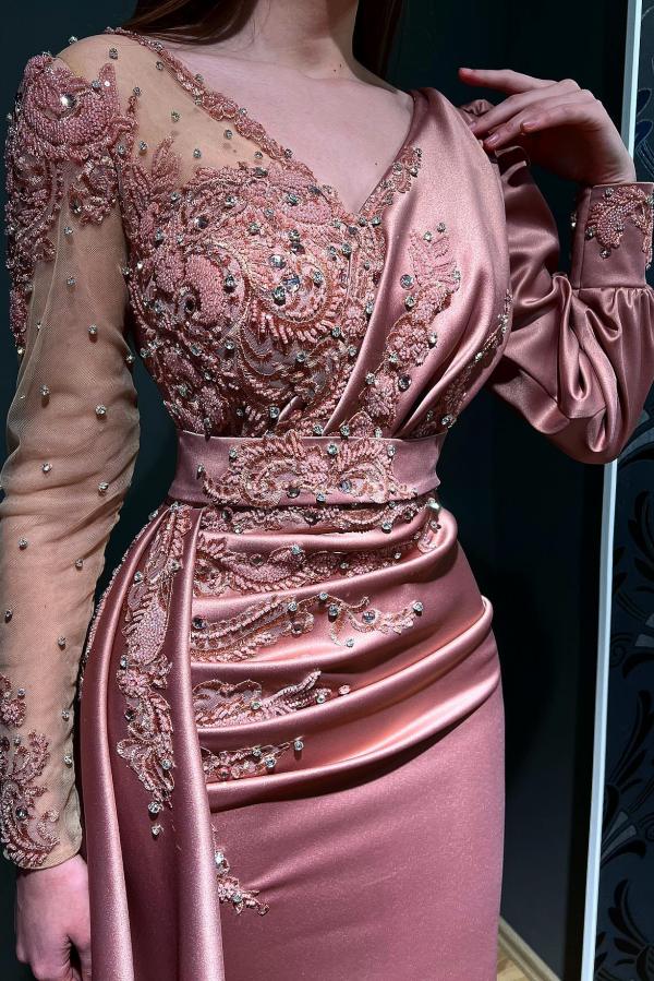 Vintage Pink Long Sleeve Evening Dresses Sheer V-Neck Mermaid Floor-Length Appliques Beads Floor Length Formal Party Ocn Gowns Mother Dress Prom