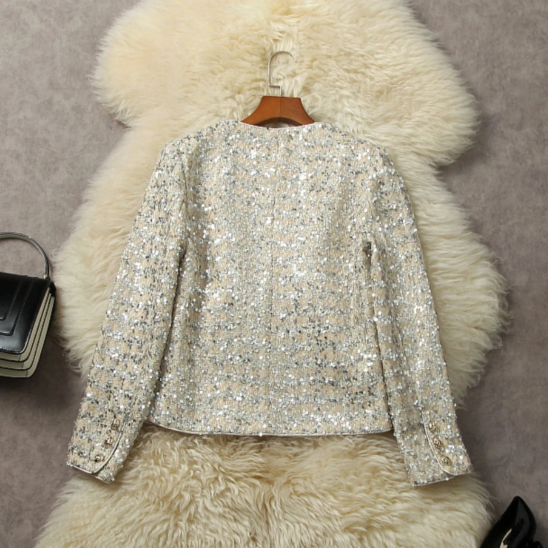 Womens Jackets Women Spring Autumn Woolen Jacket Office Lady Sequins ONeck Coat Vintage Elegance Outwear Femme Fashion Clothing 231212