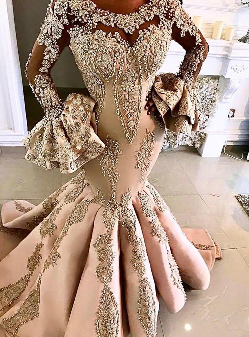 Arabic Aso Ebi Evening Dresses Lace Beaded Mermaid Prom Gowns Long Sleeves Special Occasion Dress