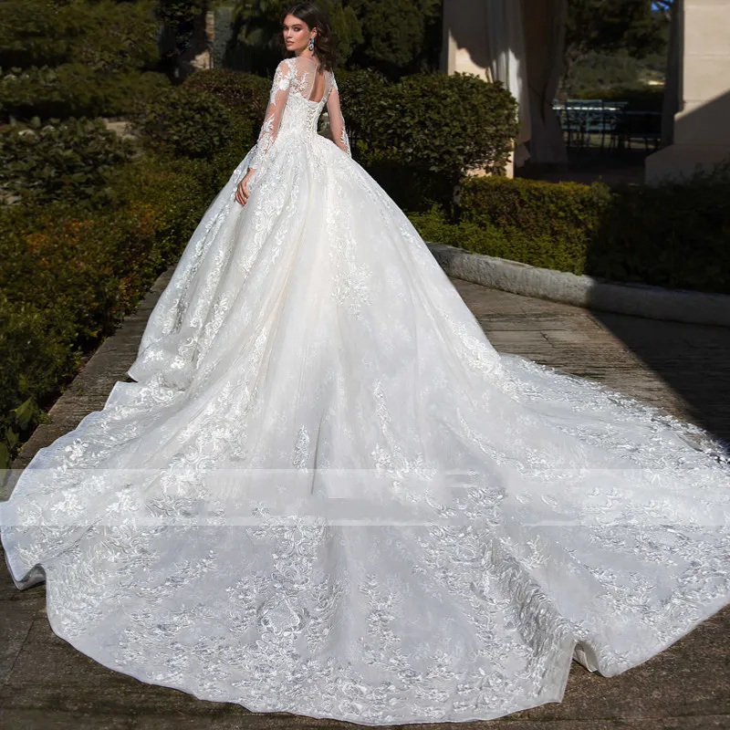 Elegant White Crewneck Tulle Long Sleeve Decal Beaded Bridal Maxi Wedding Dress For Women Tail Gown Vestidos De Novia 0219