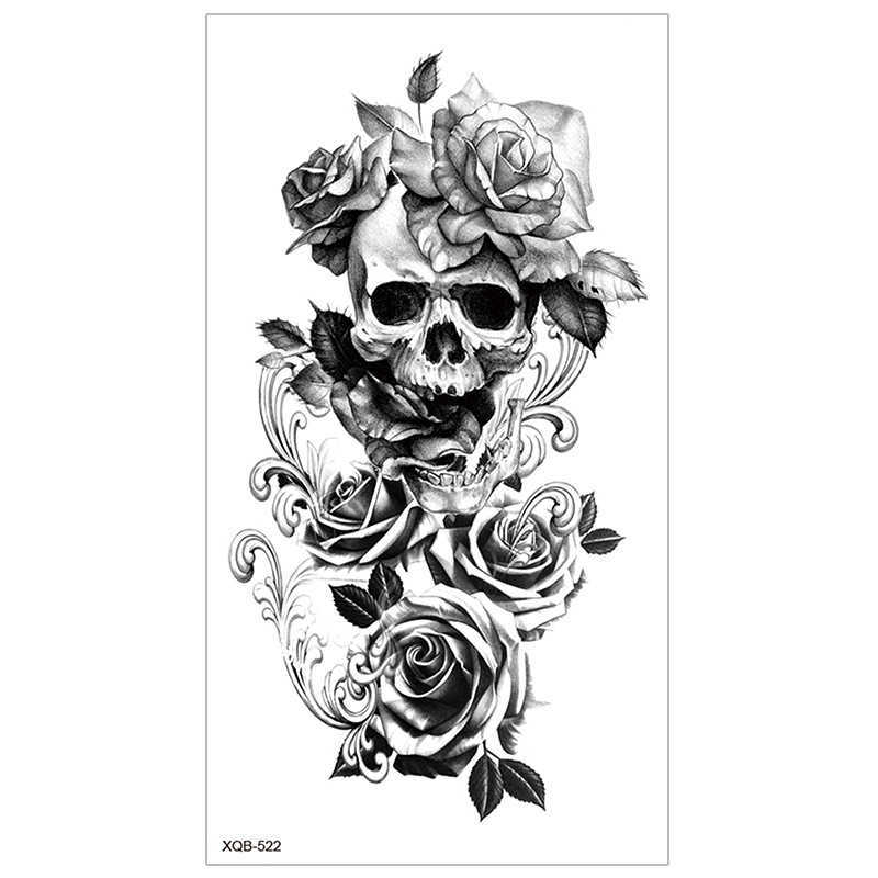 Black New Full Arm Tattoo Sticker Waterproof and Durable Half Skull English Letter Watanabe Flower