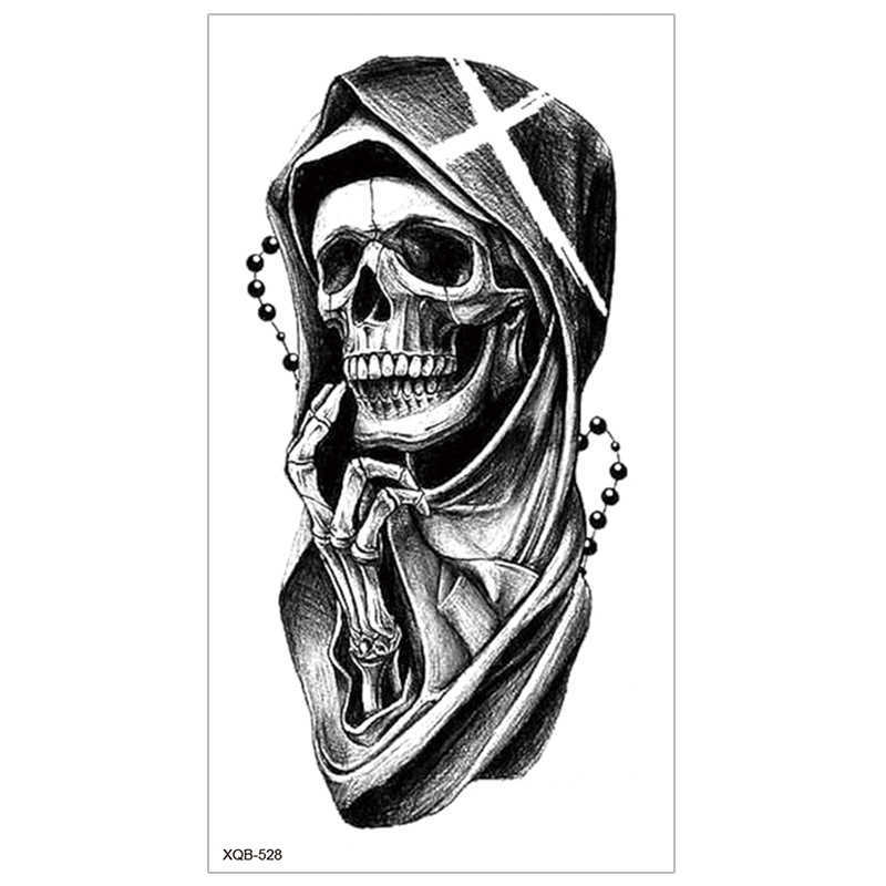 Black New Full Arm Tattoo Sticker Waterproof and Durable Half Skull English Letter Watanabe Flower