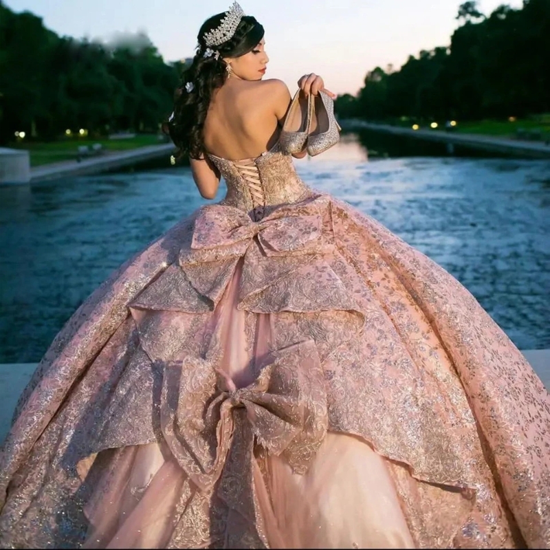 Pink Shiny Ball Gown Quinceanera Dress 2025 Tulle Appliques Lace Beads Bow Off Shoulder Sweet 15 16 Years Birthday Party Formal Dresses