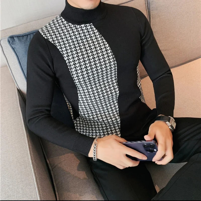 Men's Sweaters Men's Warm Winter Knit Sweaters Male Slim Fit Fashion Color Matching Plaid Pullover/Man High-neck Knitted Sweaters 4XL-M 2312