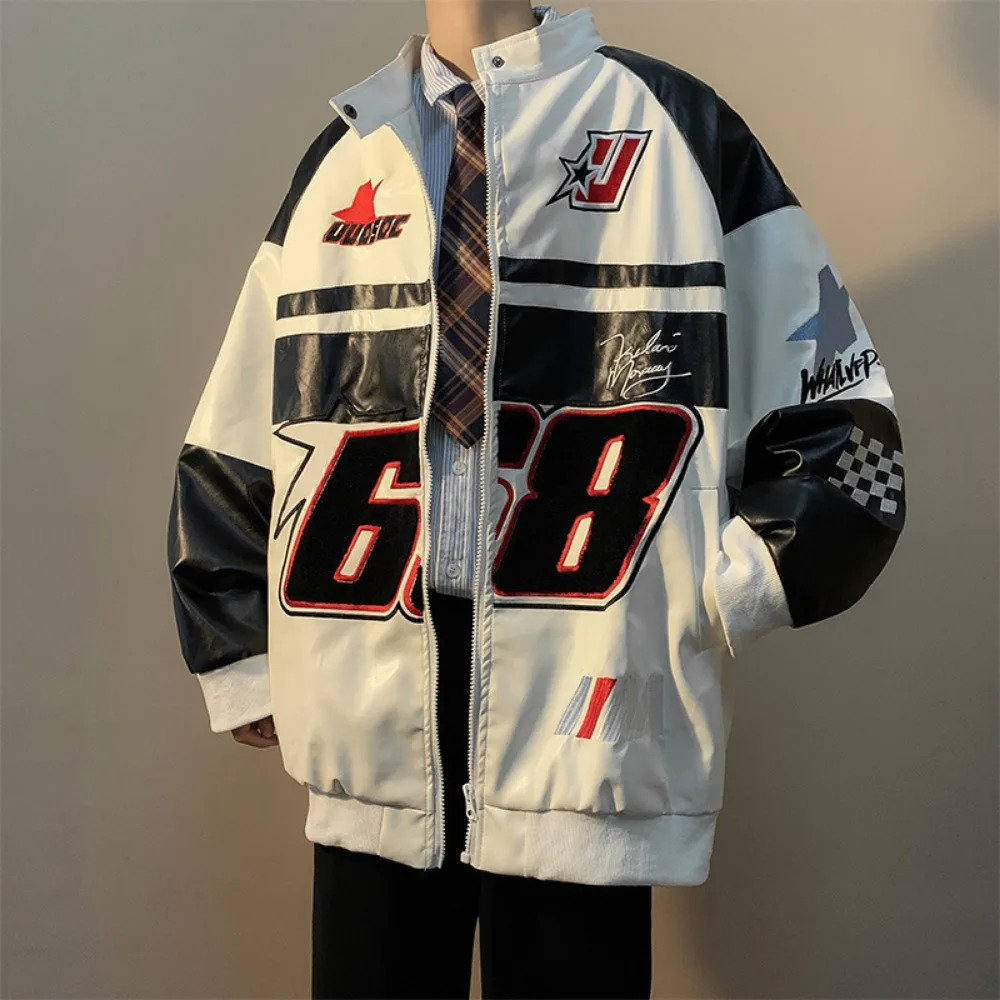 Men's Jackets American Retro Hip-hop Letter Embroidered Jacket Men's Fashion Loose Streetwear Oversized Cool Windproof Punk Racing Coats 231