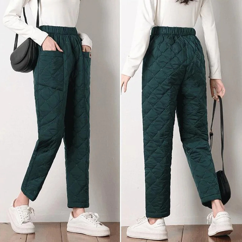 Women's Pants Capris Winter Baggy Down Cotton Harem Pants Warm Elastic High Waist Women Casual Pants Snow Wear Thick Ankle-length Solid Trousers 