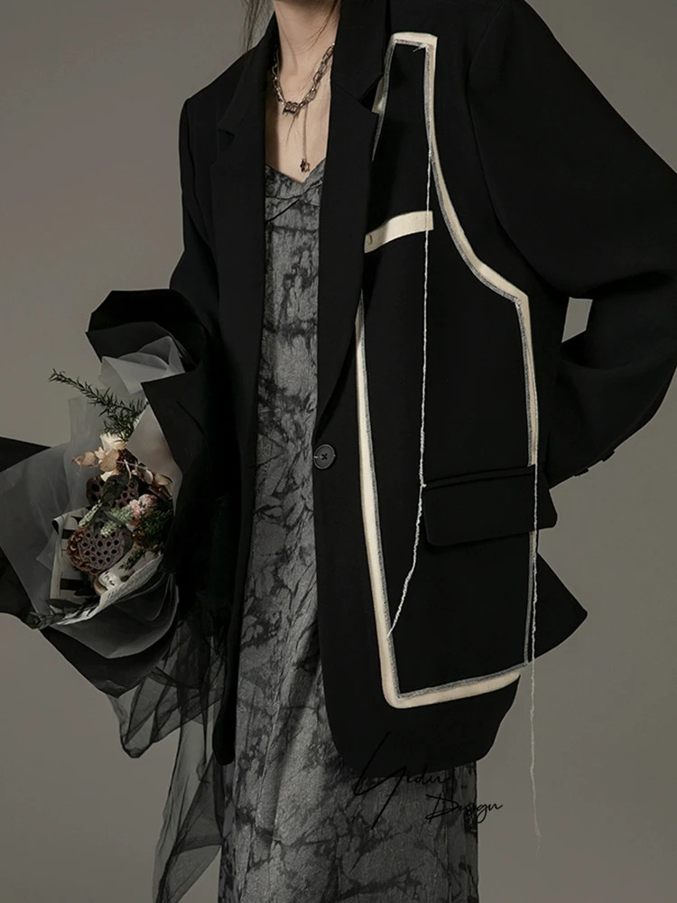 Womens Suits Blazers EAM Women Black Big Size Irregular Burr Blazer Lapel Long Sleeve Loose Jacket Fashion Spring Autumn 1DH2336 231212