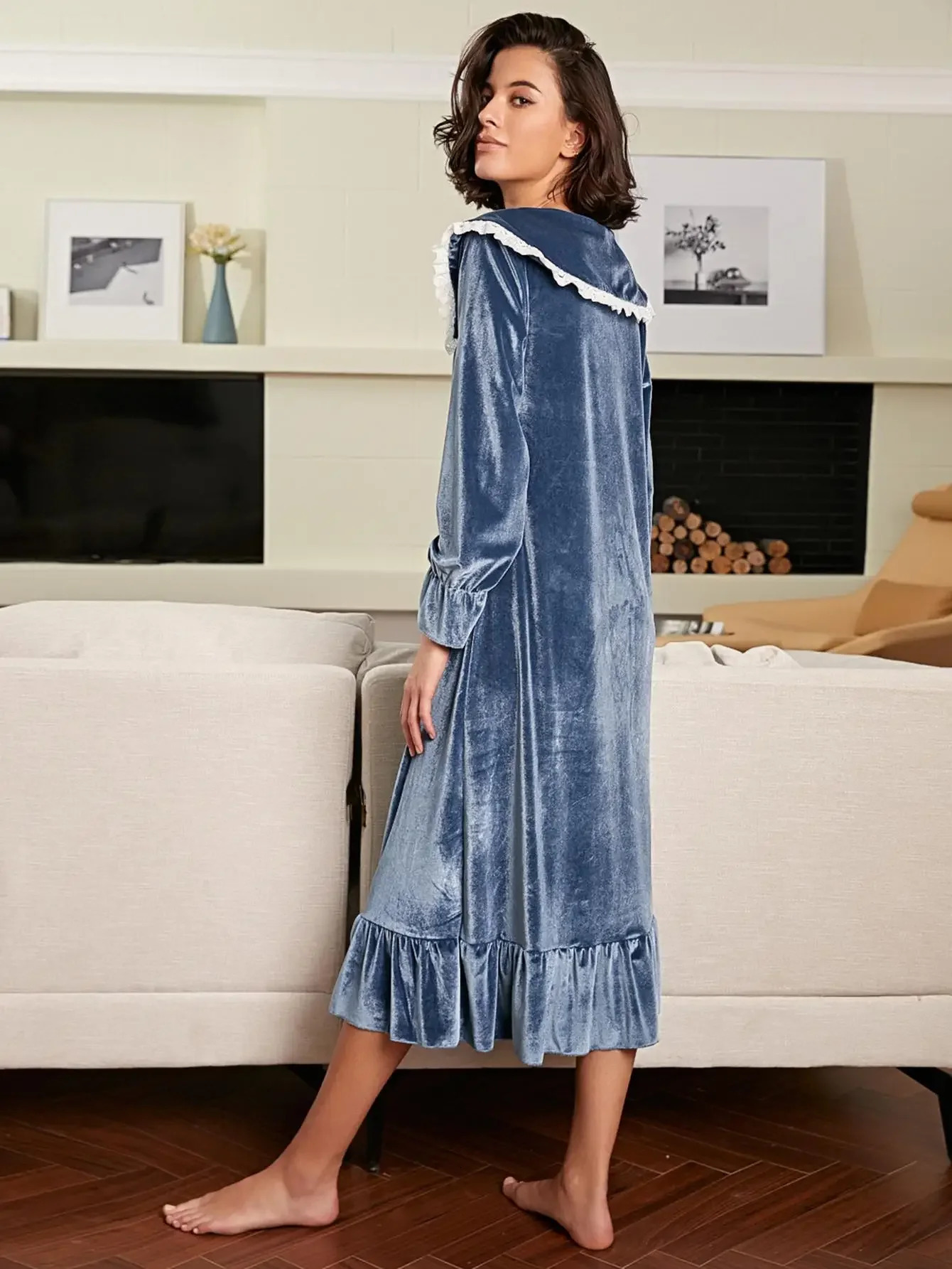 Womens Sleepwear Peter Pan Collar Velvet Women Nightgown Long Sleeves Front Lace Tie Sleepwear Solid Ruffle Female Nightwear Winter Fall Homewear 2312