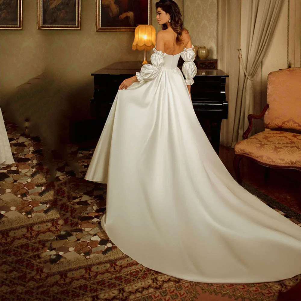 Modern A-Line Wedding Dress Modern Scoop Neck Long Puff Sleeves Backless Bridal Gown Floor Length Vestidos De Novia