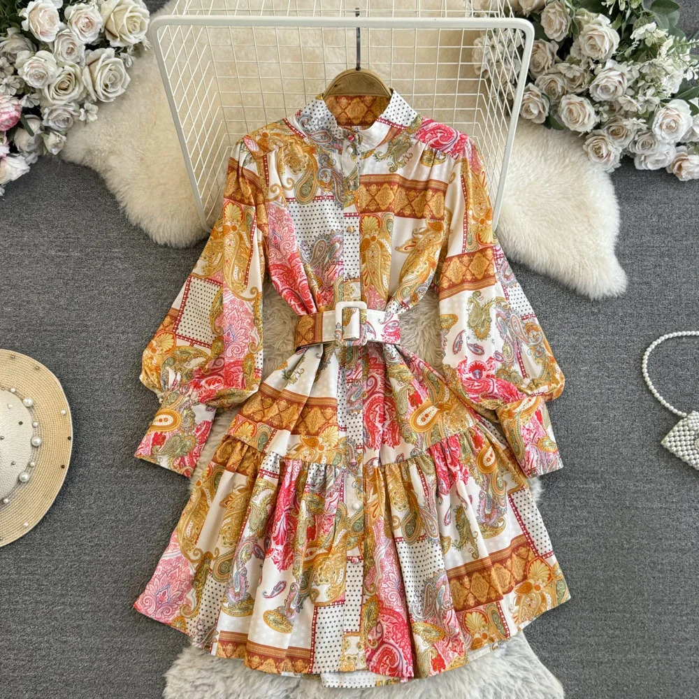 Basic Casual Dresses Chic Print Lapel Lantern Sleeve Single Breasted Dress Aline Vacation Party Dres Fashion Autumn Spring Vestidos 231212