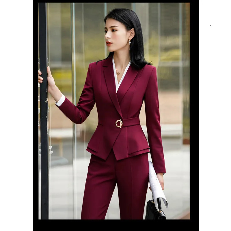 Women's Two Piece Pants Factory spot wholesale wine red blue black 5XL women's winter two-piece formal Long Sleeve Ruffle slim fitting suit 