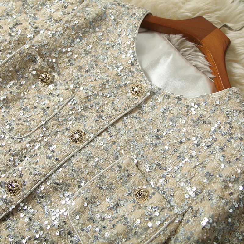 Womens Jackets Women Spring Autumn Woolen Jacket Office Lady Sequins ONeck Coat Vintage Elegance Outwear Femme Fashion Clothing 231212