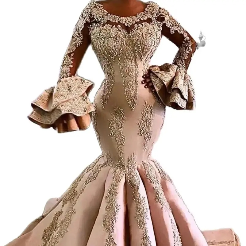 Arabic Aso Ebi Evening Dresses Lace Beaded Mermaid Prom Gowns Long Sleeves Special Occasion Dress