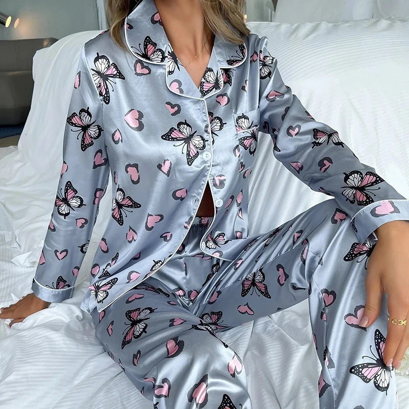 Women's Sleepwear Womens Silk Satin Pajamas Loungewear Twopiece Long Sleeve Soft ButtonDown Pj Set Pijama 231212