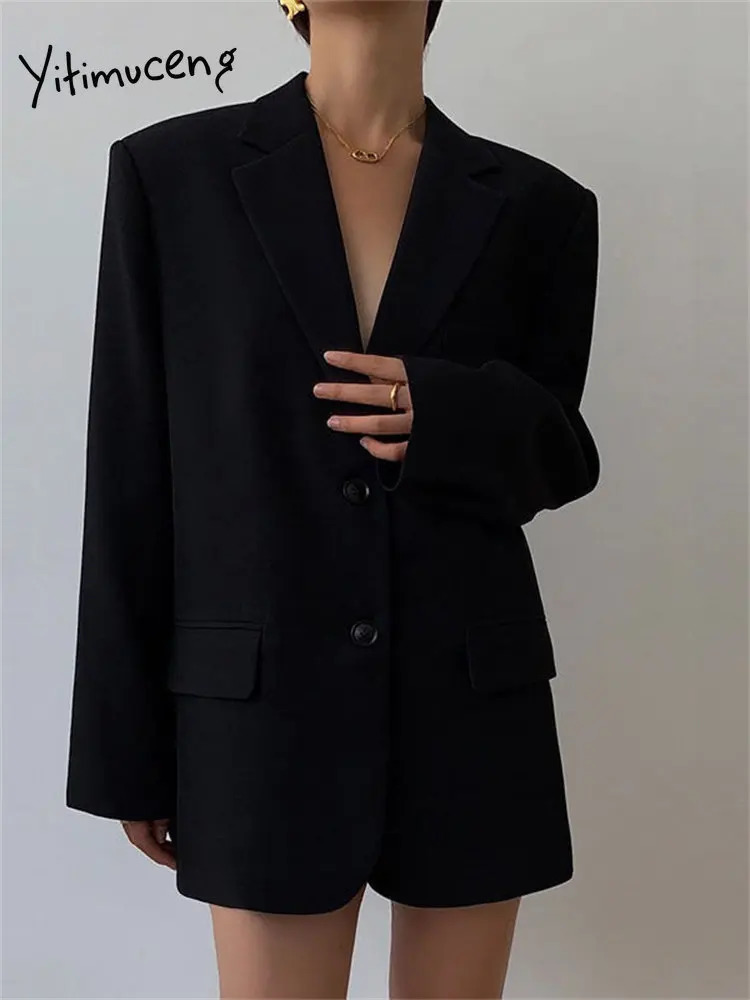 Womens Suits Blazers Yitimuceng Black Oversized for Women Korean Fashion Single Breasted Chic Coats Office Ladies Casual Jacket 231213