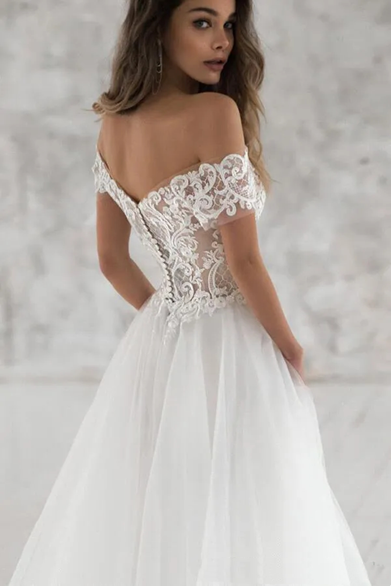 2024 Long Beach Wedding Dress Off The Shoulder A Line Tulle Bridal Gowns With Short Sleeve Lace Top Ivory Bohemian Bride Dresses Robe De Mariee