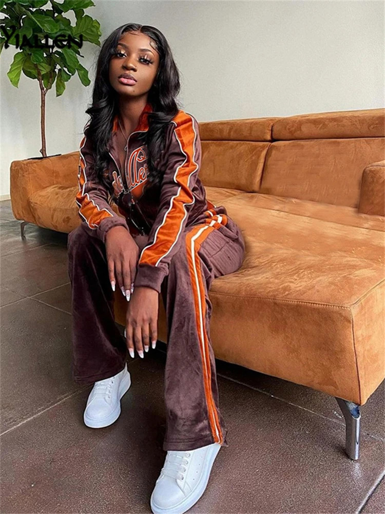 Women's Two Piece Pants Yiallen Autumn Leisure SportsLetter Tops Coat Pants 2 Two Pieces Sets For Women Striped Stitching Comfortable Activitywea