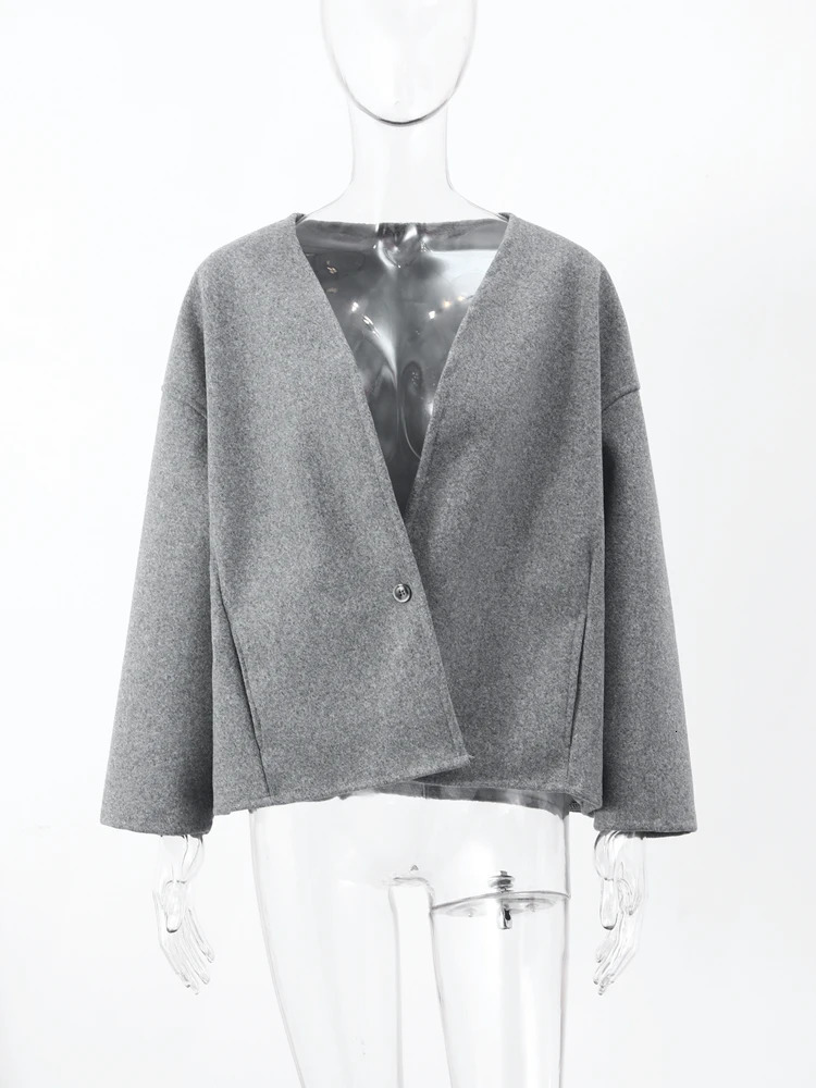 Womens Jackets Coat Grey Elegant Button Long Sleeve Female Coats Autumn Winter Fashion Vneck Loose Ladies Short 231212
