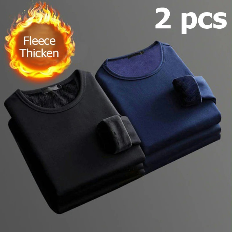 Men's Thermal Underwear HAic S 2PCS Winter Longsleeved Plus Velvet Tshirt ONeck Solid Color Slim Retro Long Sleeve 231212
