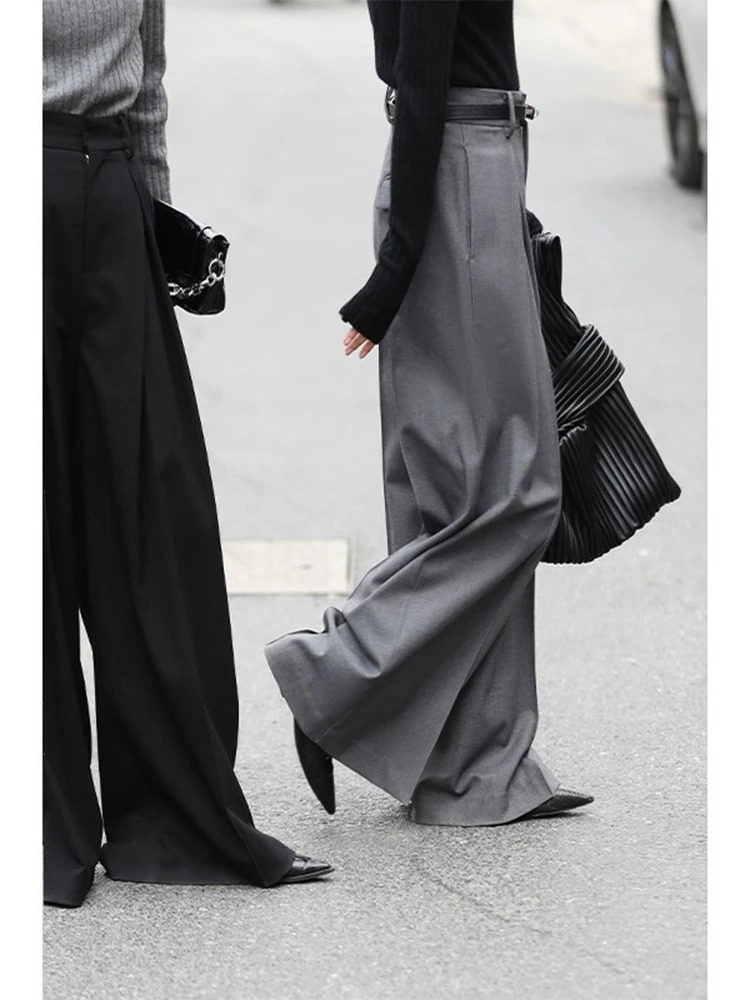 Women's Pants Capris Wide Leg Suit Pants Old Money Style Korean Fashion Baggy Pleated Trousers Female Office Wear Elegant Gray Pants