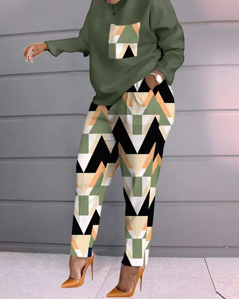 Women's Two Piece Pants Autumn Casual Printed 2 Piece Outfit Women Fashion Sport Two Piece Set Long Sleeve T Shirt Tops Pants Suit Women Tracksui