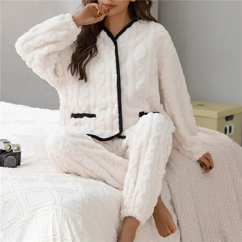 Women Thick for Set Flannel Pijamas Winter Sets Warm Pajamas Pyjamas Fleece Coral Long Pajama Sleepwear Girl 231227