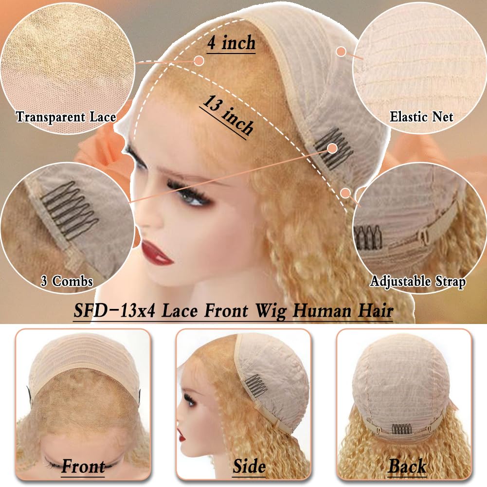 Honey Blonde Bob Curly Lace Front Wig Human Hair HD Lace human Hair Wig for Women #27 Colored Wig 150% Density Pre Plucked with Naturale Blonde Deep W
