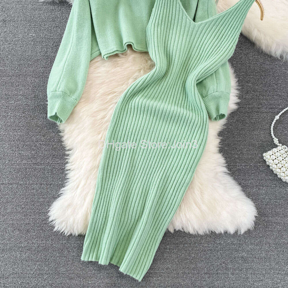New Summer Two Piece Dress Sweater Set Casual Pullovers Suits Slip Dress For Women Slim Solid Autumn Winter Knitted Long Sleeve Elegance Elastic Sweet