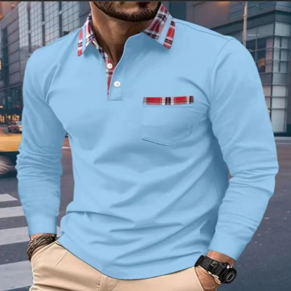 Men's Polos SpringAutumn Men Long Seeved Polo Shirt Casual Sports Shirt Pure Color Red checked collar T-Shirt Fashion Breathable Men Cothing 2312