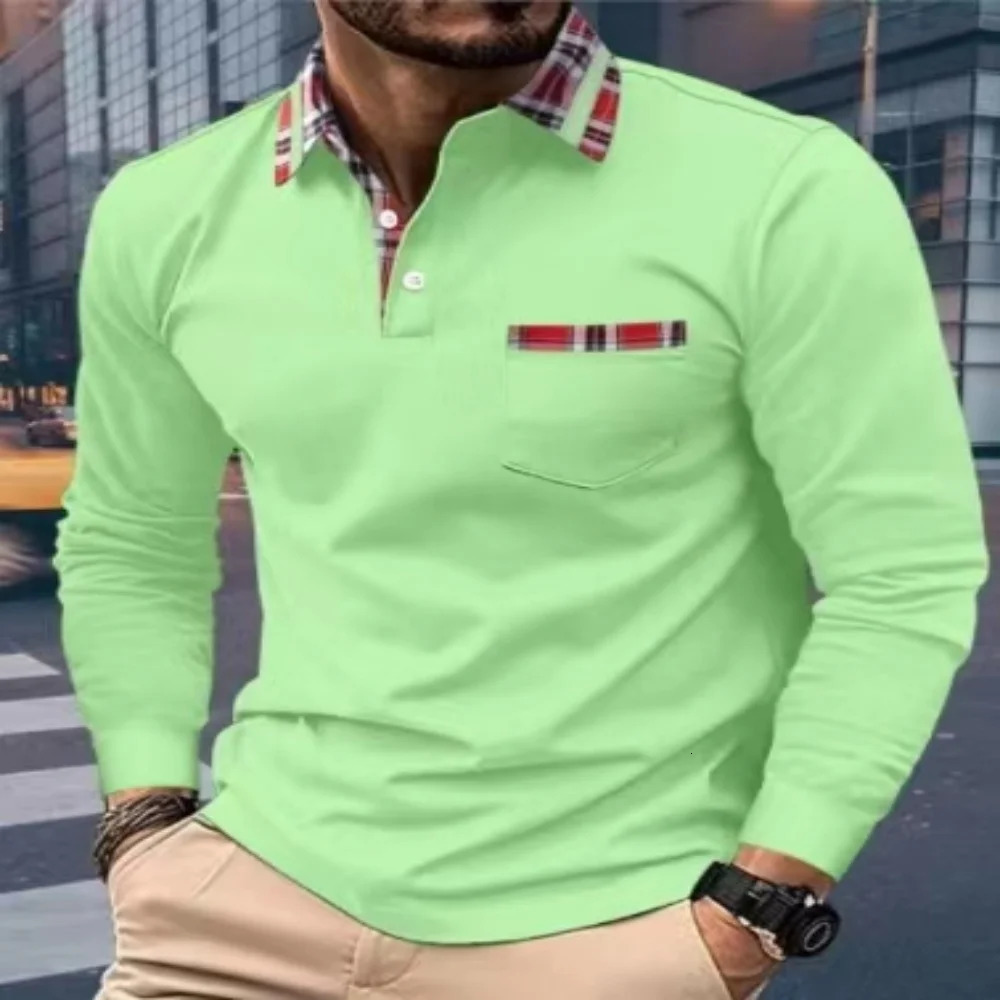 Men's Polos SpringAutumn Men Long Seeved Polo Shirt Casual Sports Shirt Pure Color Red checked collar T-Shirt Fashion Breathable Men Cothing 2312
