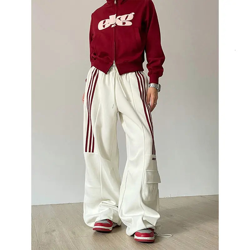 Women's Pants Capris American Retro Lazy Style Wide Leg Pants Women Solid Stripes Elastic High Waist Drawstring Loose Casual Straight Sports Trou