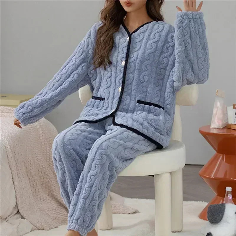Women Thick for Set Flannel Pijamas Winter Sets Warm Pajamas Pyjamas Fleece Coral Long Pajama Sleepwear Girl 231227