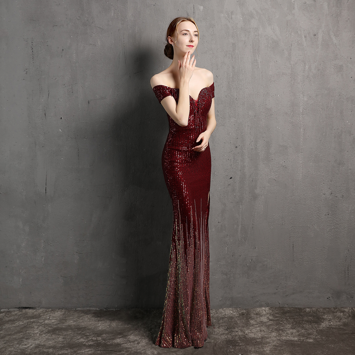 Evening Dresses Wear Sequin Mermaid off Shoulder Illusion Side Split Floor Length Party Dress Prom Gowns Abendkleider