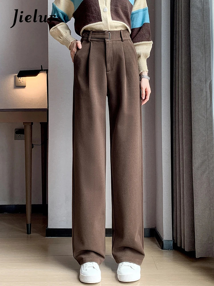 Women's Pants Capris Jielur Winter Thick Loose Casual Female Wide Leg Pants Pure Color Chic Buttons Straight Slim Fashion Women Pants Black Apric