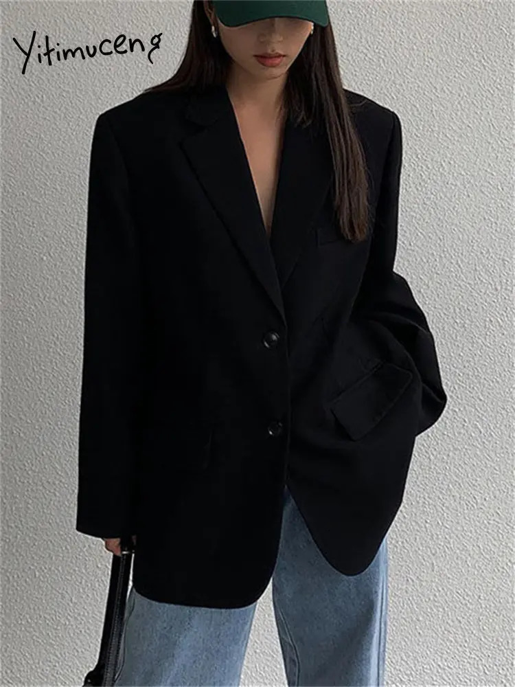Womens Suits Blazers Yitimuceng Black Oversized for Women Korean Fashion Single Breasted Chic Coats Office Ladies Casual Jacket 231213