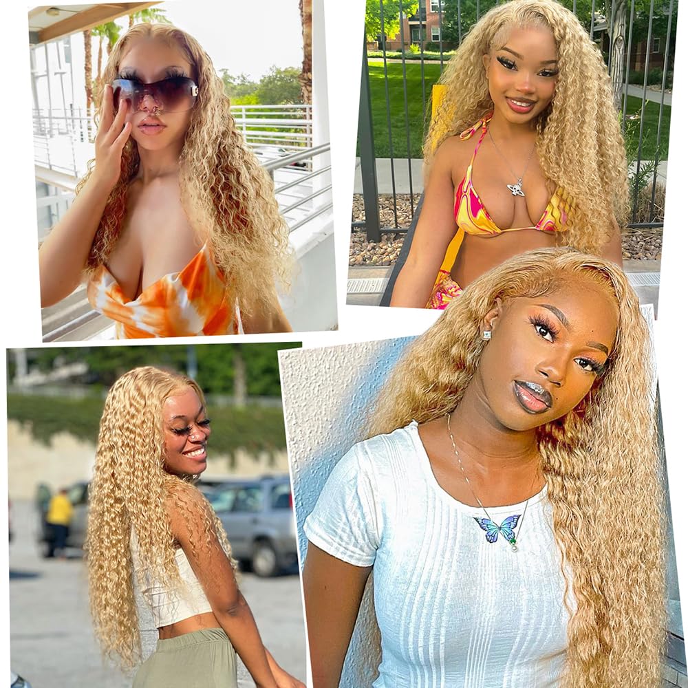 Honey Blonde Bob Curly Lace Front Wig Human Hair HD Lace human Hair Wig for Women #27 Colored Wig 150% Density Pre Plucked with Naturale Blonde Deep W