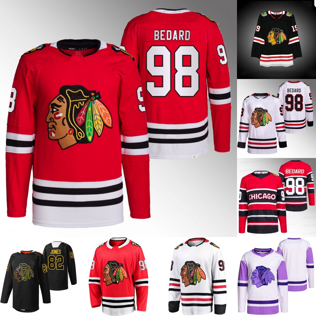 Blackhawks Jerseys 98 Connor Bedard 82 Caleb Jones 52 Reese Johnson 11 Taylor Raddysh 44 Wyatt Kaiser 90 Tyler Johnson 5 Connor Murphy 13 Max Domi 14 Devin Shore