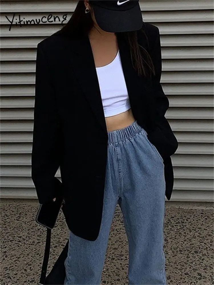 Womens Suits Blazers Yitimuceng Black Oversized for Women Korean Fashion Single Breasted Chic Coats Office Ladies Casual Jacket 231213